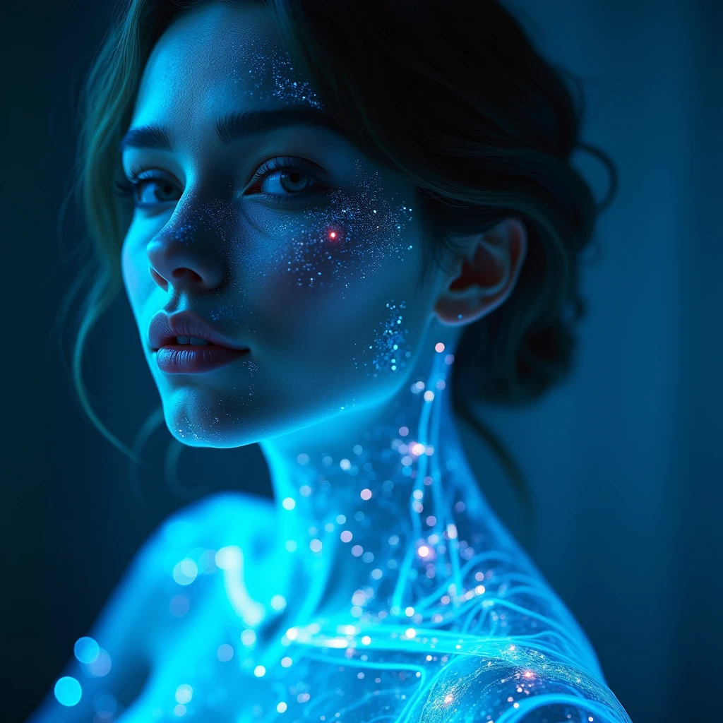 ((Waist shot)), craft a hyper realistic vertical photo of most attractive transparent crystal glass girl with neon light, body made out of glass, intricate beauty, bioluminescence, blue veins, detailed eyes, sparkling, reflections, (translucent), elegant, simple background, dim light, volumetric lighting, hyper realistic, blurry foreground, blurry background, (bloodborne:1.1),