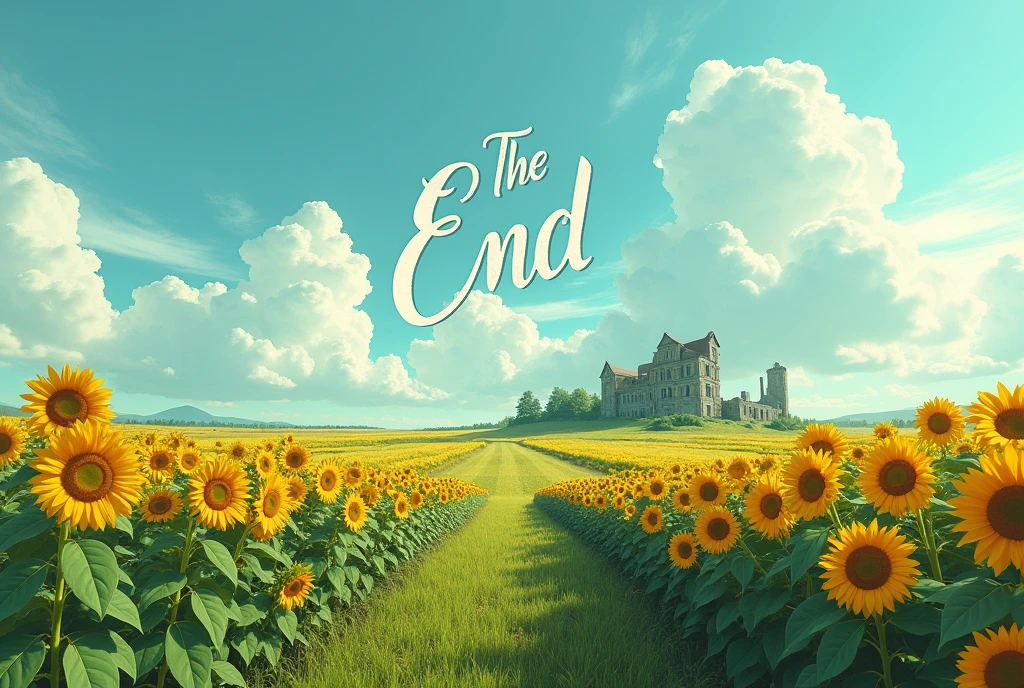 postapocalypse themed concept art, beautiful scenery, sunflower-infested green field, crumbling and abandoned building in the distance, outdoor, no human, summer sky, white clouds, super-wide-angle lens, the words "The End" written in beautiful, flowing cursive in the center