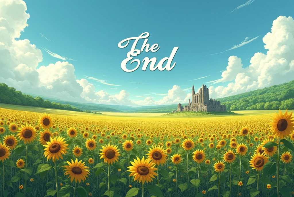 postapocalypse themed concept art, beautiful scenery, sunflower-infested green field, crumbling and abandoned building in the distance, outdoor, no human, summer sky, white clouds, super-wide-angle lens, the words "The End" written in beautiful, flowing cursive in the center