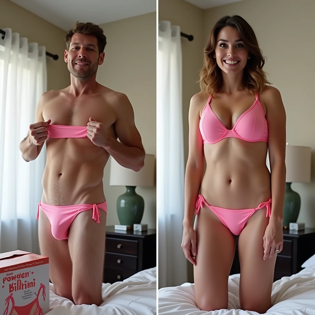 a before and after photo. In the before frame, a man is trying on a pink bikini in his bedroom. He has a skeptical look on his face. On his bed is the box that it came in which reads “gender change bikini”. In the after frame, in the same bedroom with the same box, he has transformed into a sexy busty woman with colossal breasts. She is smiling euphorically and looks shocked as well.