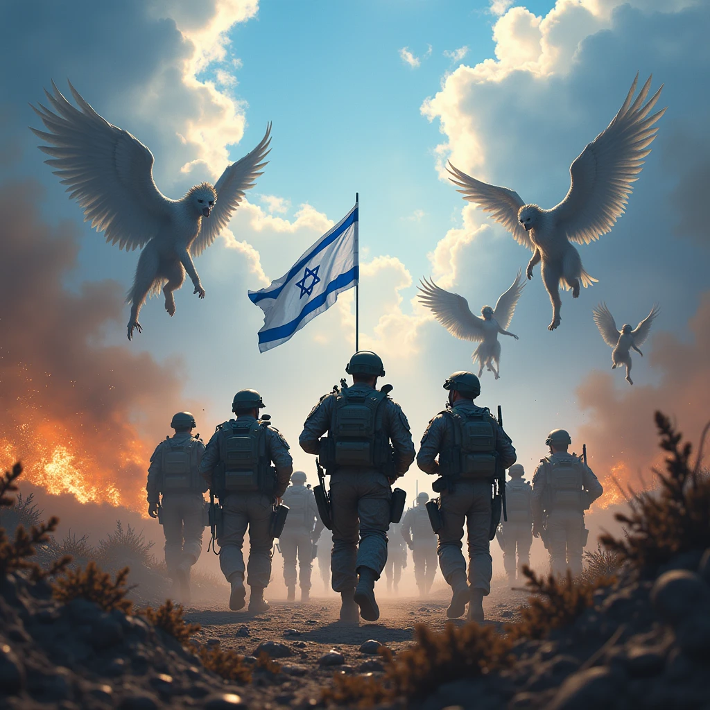 A back view of the brave Israeli Defence Forces marching against the ugly and cruel army of the devil, Angels fly and chase Israeli Defense Force soldiers , Flag of Israel , Blue and white, Modern army, Tactical equipment, Art shows the triumph of good over evil, Doomsday Battlefield , masterpiece, Award-winning works, dramatic, Highest quality, 4K, Wide Image, High resolution