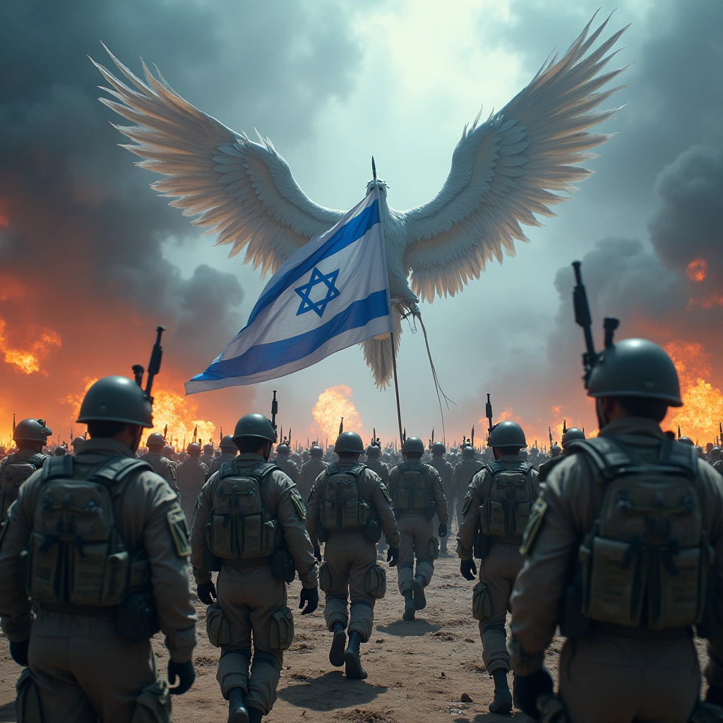 A back view of the brave Israeli Defence Forces marching against the ugly and cruel army of the devil, Angels fly and chase Israeli Defense Force soldiers , Flag of Israel , Blue and white, Modern army, Tactical equipment, Art shows the triumph of good over evil, Doomsday Battlefield , masterpiece, Award-winning works, dramatic, Highest quality, 4K, Wide Image, High resolution