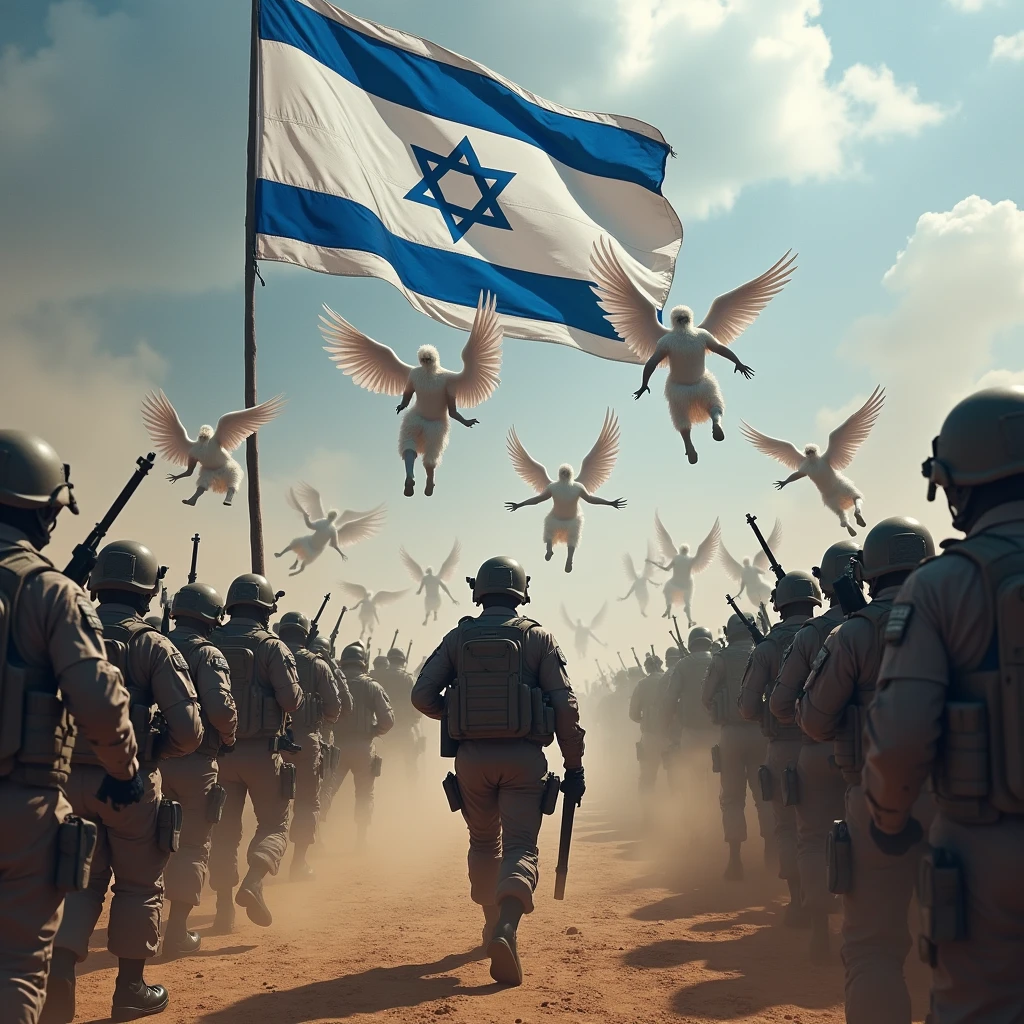 A back view of the brave Israeli Defence Forces marching against the ugly and cruel army of the devil, Angels fly and chase Israeli Defense Force soldiers , Flag of Israel , Blue and white, Modern army, Tactical equipment, Art shows the triumph of good over evil, Doomsday Battlefield , masterpiece, Award-winning works, dramatic, Highest quality, 4K, Wide Image, High resolution