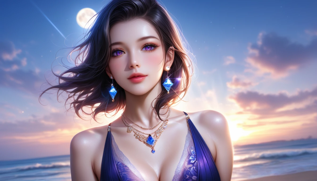 score_9, score_8_superior, score_7_superior, A masterpiece in 32K resolution,Highest quality,it is really amazing,Very detailed,Ultra-high resolution,Ultra-realistic,Realistic,Increased depth of field,Cinematic lighting,
???? mature Japan woman,
black straight medium hair,Ultra-detailed and beautiful face,Gentle expression,Translucent white skin,Realistic skin texture,
Elegant swimwear,
Bold design,Artistic design,Beautiful and detailed pattern,Detailed fabric texture,
Gorgeous necklace,Earrings,
Coastline at night,delay々A desolate sandy beach that continues,Giant Moon,Dark clouds floating in the dark night sky,
Cinematic Angle,