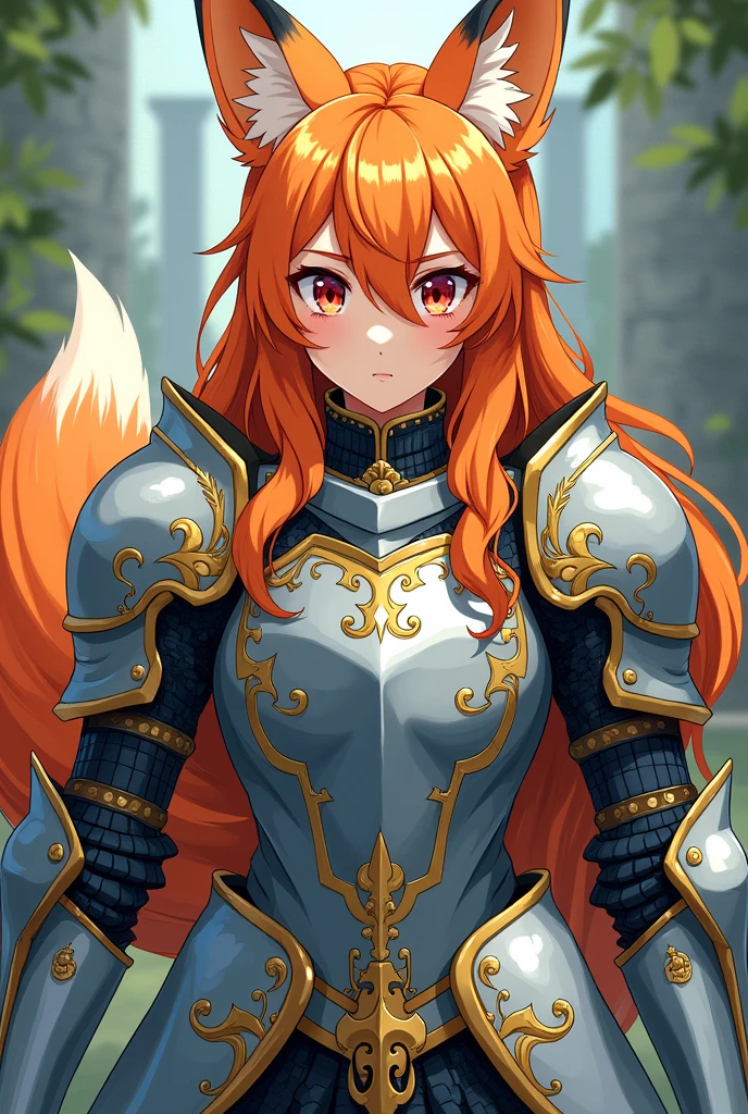 Generate a traditional drawing of a orange haired demihuman fox knight with red and blue eyes.(Anime style)