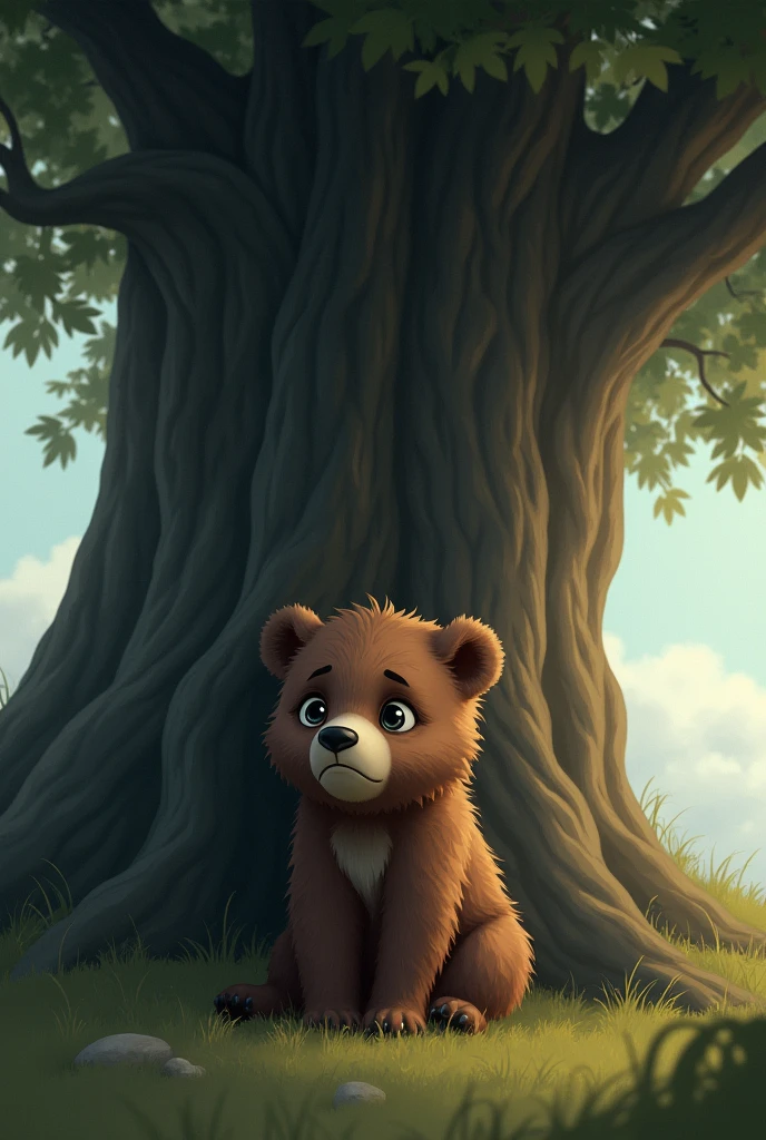 The cub, sitting under a large oak tree, looks sad and lonely. Its soft brown fur and big, teary eyes make it look small and vulnerable.
