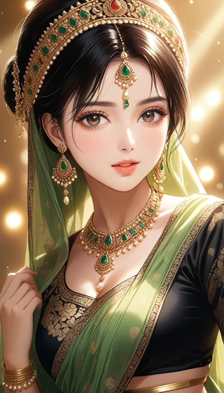 A beautiful woman with intricate jewelry, wearing a black silk blouse and light green saree, stunning makeup, a kind and expressive face, performing a traditional dance with graceful movements, (best quality,4k,8k,highres,masterpiece:1.2),ultra-detailed,(realistic,photorealistic,photo-realistic:1.37),portrait,detailed eyes,detailed lips,longeyelashes,extremely detailed face,ornate jewellery,intricate dance,traditional Indian look,detailed fabric,soft lighting,warm colors