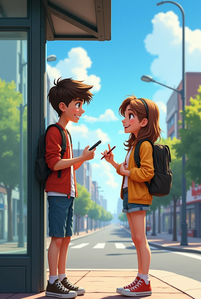 two people (boy and girl) at the bus stop talking at each other drawing