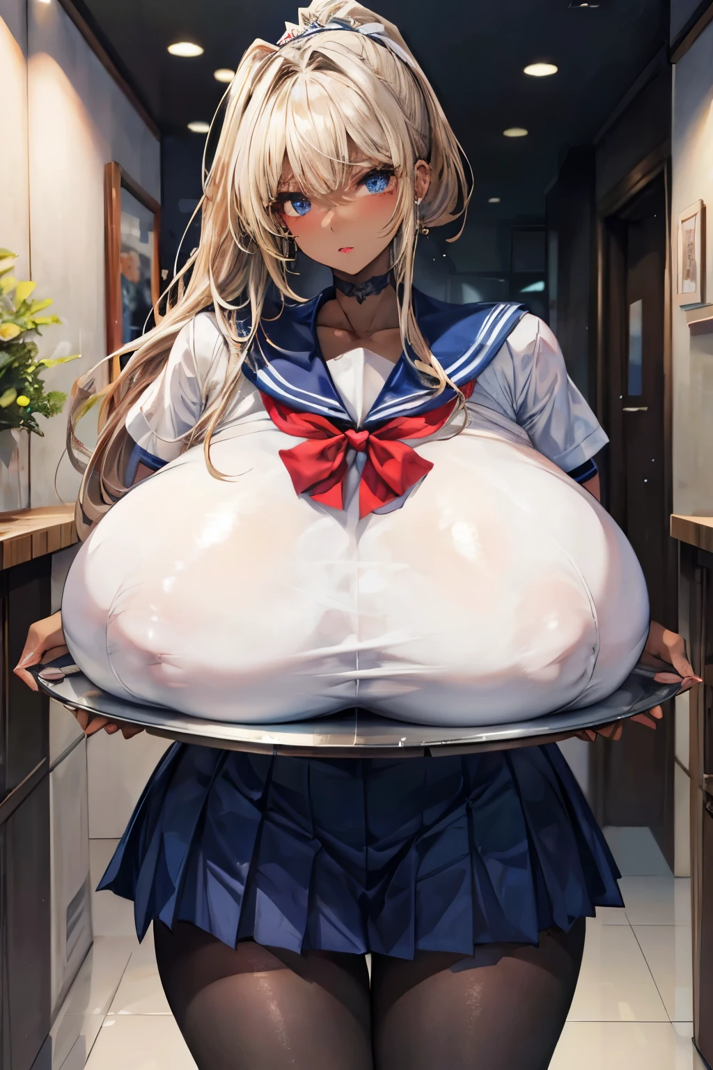 (masterpiece:1.2、Highest quality、Tmasterpiece)、1 female、alone、classroom、Day、stand、beauty、(blonde)、ponytail、blue eyes、(Oversized Sailor Suit:1.4)、(Dark Skin:1.4)、break、Big Breasts、Big Ass、Long sleeve、corset、Earrings、lipstick、(pantyhose:1.2)、choker、mini skirt、blush、Covered breasts、Bangs braids、(Thick lips:1.2)、Big nipples、((breasts on tray:1.2)),breast rest,tray, holding, holding tray