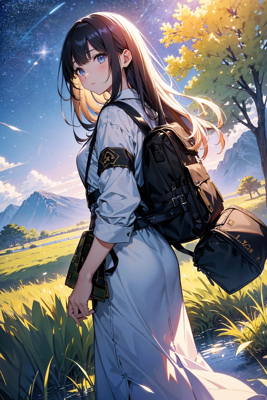 (From behind, View your audience), people々focus on. Create and express your most radiant self. ((masterpiece)), (((Highest quality)))), ((Very detailed)), (Ultra-realistic), (Highly detailed CG illustrations), (Very delicate and beautiful), masterpieceとしての少女たち, Highest quality, Realistic Skin, Realistic Fabric, Photorealistic illustration focused on a girl with realistic and highly detailed eyes in the center front. This is an absolute rule, and、The following text describes the quality of the image:.
(((There is a woman carrying a backpack, Wear camouflage, Wear military uniform, 美しい軍people少女, 軍peopleの少女の肖像画, Army Girl Portrait, Military-like, Ethereal Army Girl, 美しい大peopleの本の軍団, Fantastic Fantasy))),  Create amazing and trendy anime artworks with seaStation, Showcasing exquisite beauty and captivating aesthetics.  Japanese military girl, like々Have a beautiful face and clear eyes, Lying on a grassy hill under the stars "Princess Mononoke". The grass sways gently in the wind, Sounds of nature that provide a soothing soundtrack. Her dynamite body and smooth skin shine in the moonlight.. Her clothes and accessories, Realistically drawn, Depends on the material of the fabric. The stars are ling in the sky, Add realism to your scene. This photo shows、She lives bravely in this other world..、people生の奇跡の瞬間を捉えた.。.  Sony a1 mirrorless camera and Sony FE 24-105mm f/2.Use an 8L lens/4G OSS Lens. Set the ISO sensitivity to 32,000、Shutter Speed 1/125 seconds. The image must center the girl, Above me is a vast sky full of stars "Princess Mononoke" background. --16:9-5 days.1 --Style Raw --Q 2 --S 750