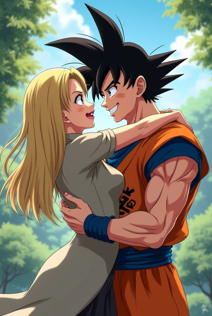 Tsunade Senju(Naruto Shippuden) Couples,son goku(dragon ball Z),hugged,flirtatious.
