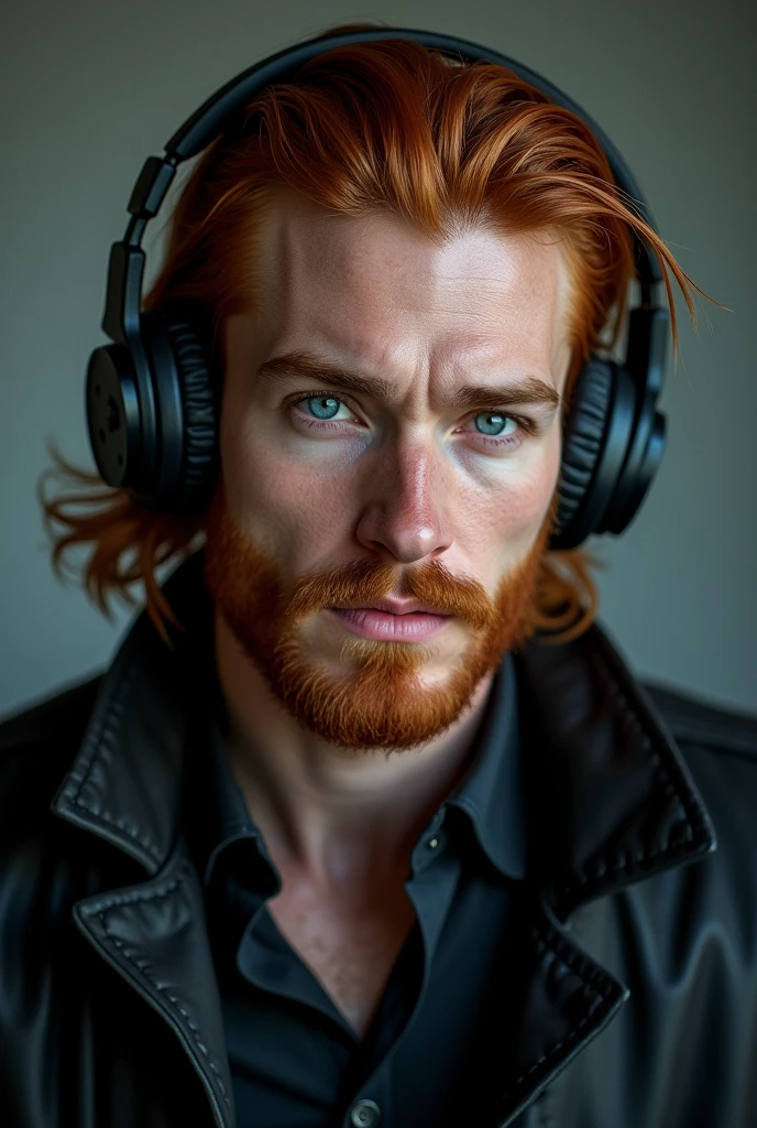 A red-haired man with medium-long, tied hair, blue eyes and marked features with black headphones as an accessory