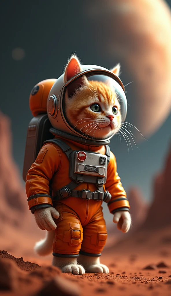 Photo quality　Ultra-Real((Spaceship))　((Close-up))   ((Cat 3 horses))　Spaceshipの中から見送る宇宙飛行士猫　astronaut cat　Gazing into the distance　Mars exploration　((Spaceshipの修理中))　High five　Armageddon-like