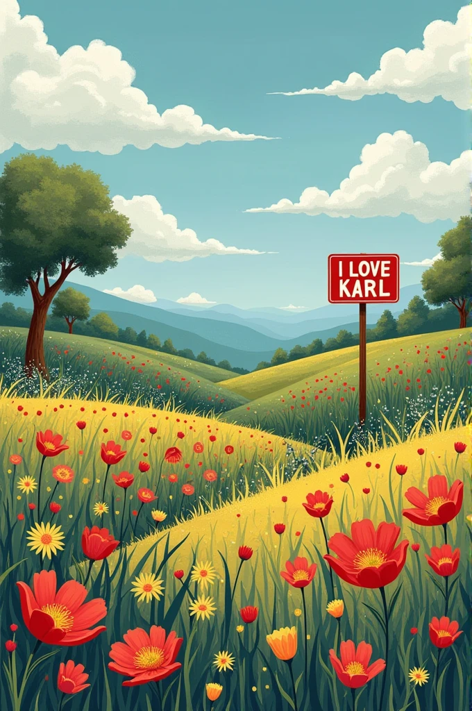 A flat landscape full of flowers and there is a sign that says I love you Karla and it is a hidden sign that says I like Karl
