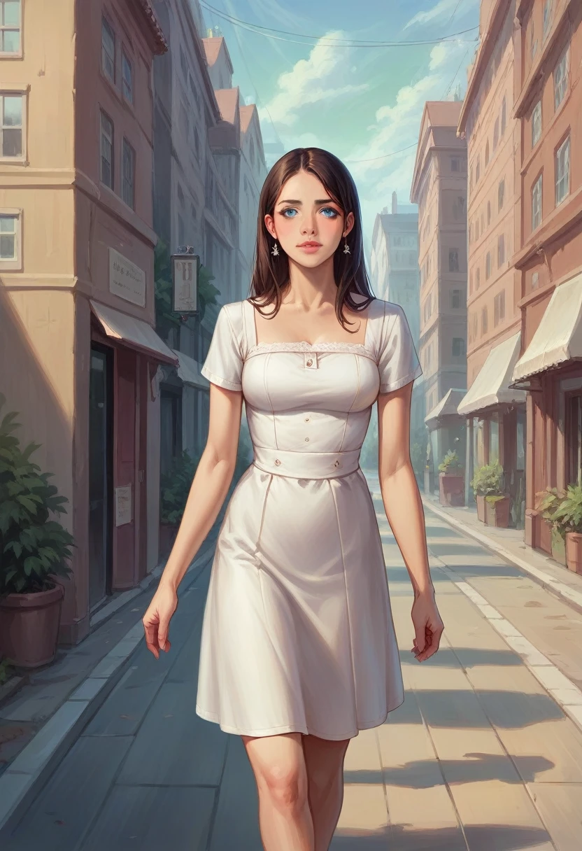 Best Quality, masterpiece, realistic photo, intricate details, raw photo, ultra detailed, old fashioned young woman, with peasant style dress, no necklines, by rubio, perfect detailed blue eyes, walking in an old city, high definition quality, 8k, young woman, 20 years