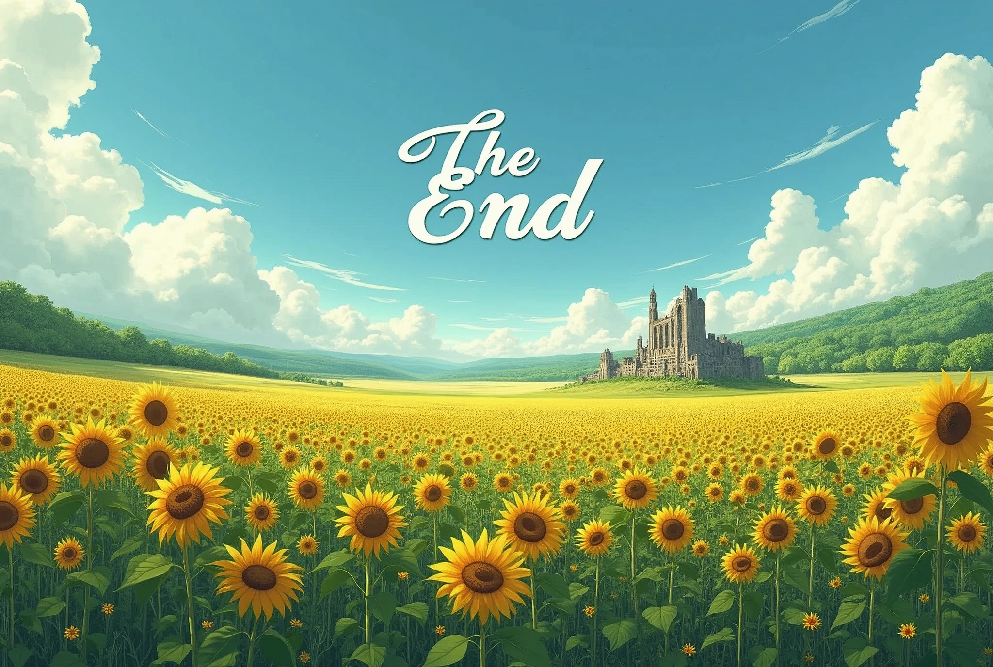 postapocalypse themed concept art, beautiful scenery, sunflower-infested green field, crumbling and abandoned building in the distance, outdoor, no human, summer sky, white clouds, super-wide-angle lens, the words "The End" written in beautiful, flowing cursive in the center