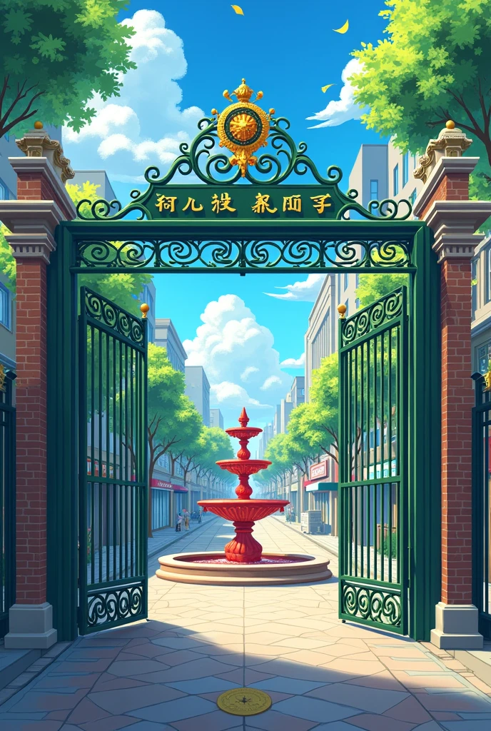   An image of a school at the entrance with a tall green gate with railings and at that same entrance a straight road to the entrance and at the entrance a red fountain and above the fountain a statue of a fish part of the fountain On the sides there is a road that crosses at the entrance of the school and on the sides there are stationery stores and houses 