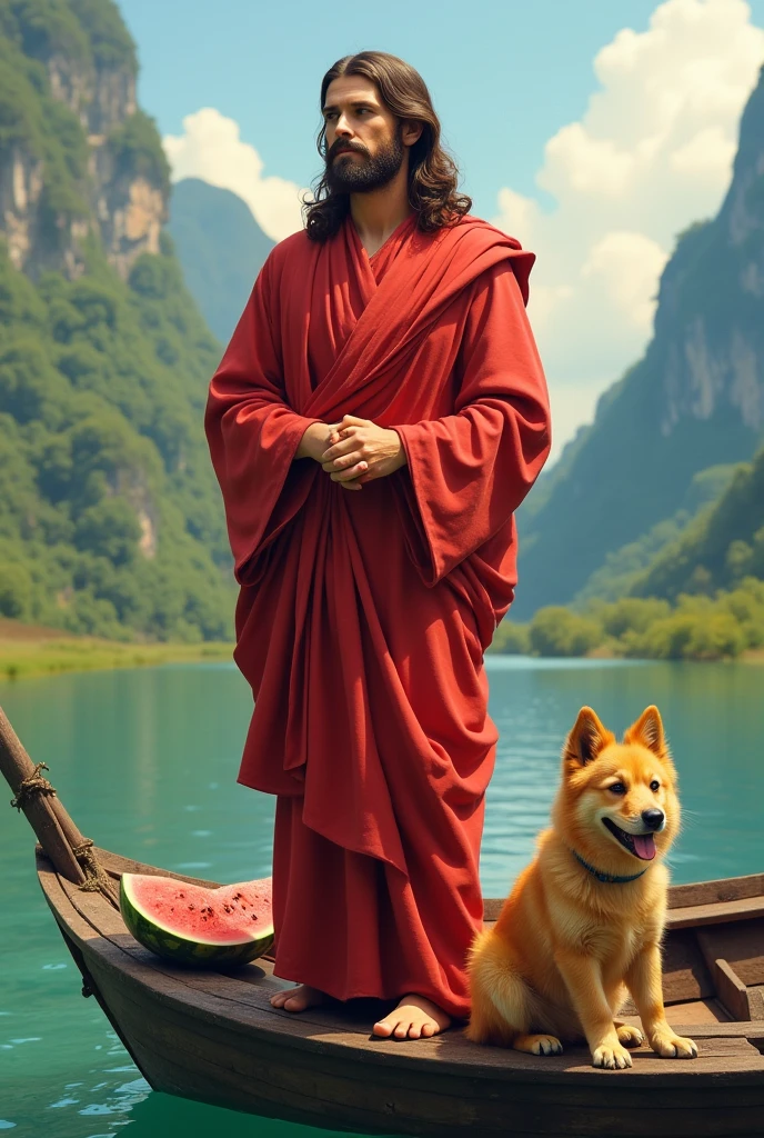 Jesus in a red robe，Standing on a scenic Myanmar boat，There is a little yellow dog eating watermelon next to it