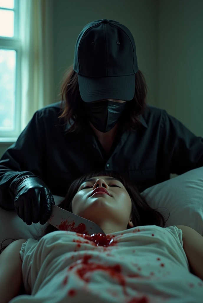 korean girl, (behind corpse, holding knife), black surgical mask, black gloves, room full of blood, black raincoat, trucker hat, holding knife, black gloves, woman on top, behind corpse, blood splatter, on the bed, mass murderer, killer, short hair, blood splatter, dark atmosphere, cinematic lighting, atmospheric realistic, light from the window, close-up,
