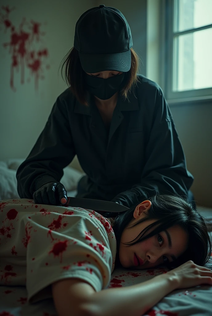 korean girl, (behind corpse, holding knife), black surgical mask, black gloves, room full of blood, black raincoat, trucker hat, holding knife, black gloves, woman on top, behind corpse, blood splatter, on the bed, mass murderer, killer, short hair, blood splatter, dark atmosphere, cinematic lighting, atmospheric realistic, light from the window, close-up,
