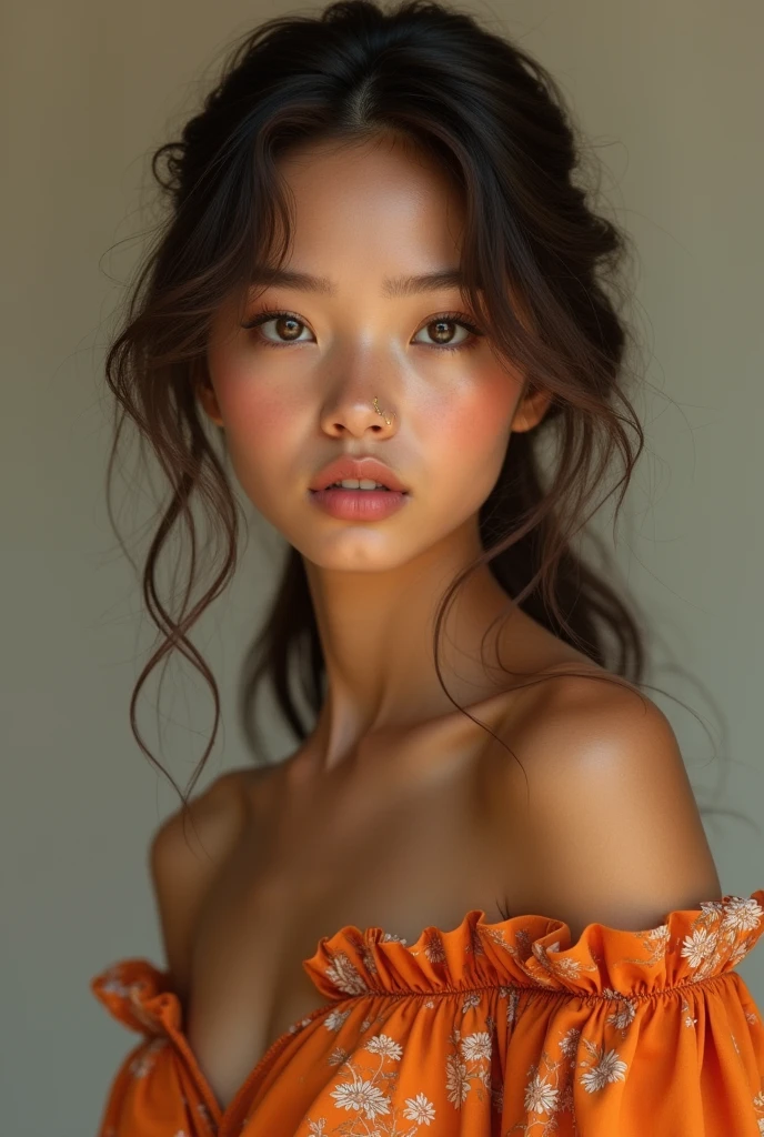 A realistic image of Tan skinned girl with uneven skin tone wearing a long party dress