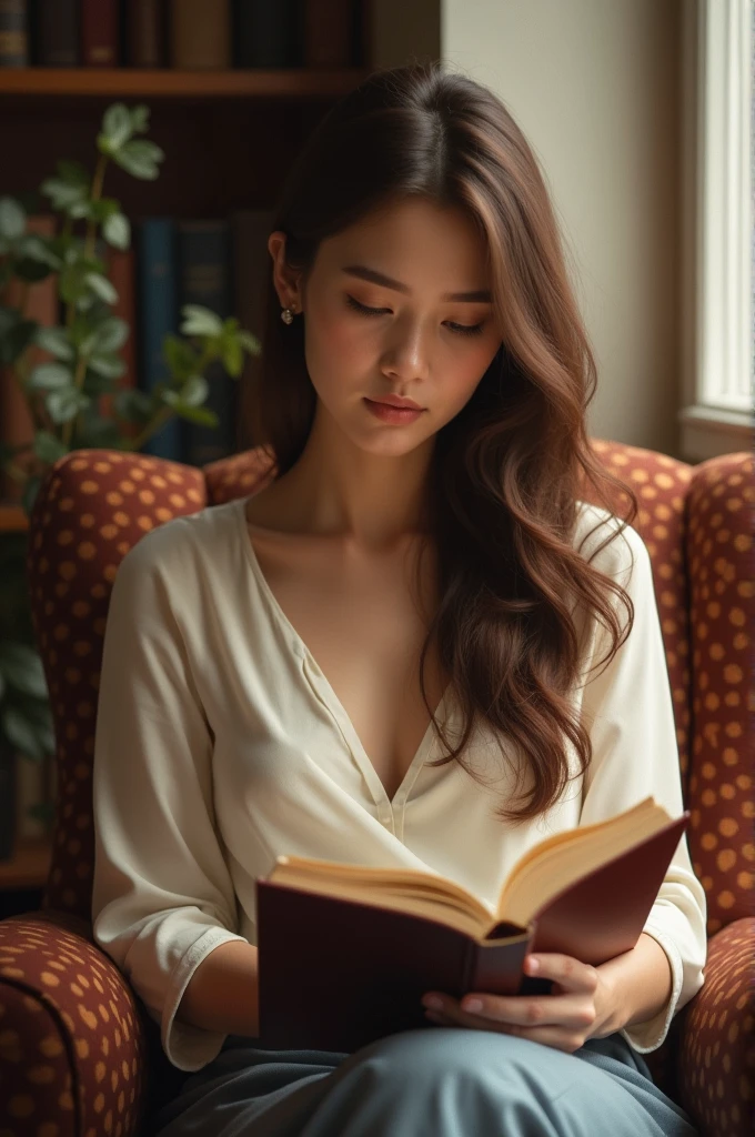 A beautiful woman with brown hair read book in a chair