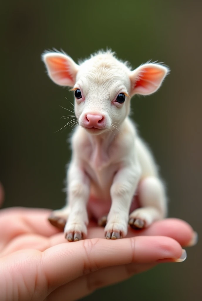 There is a small dairy calf sitting in a person's hand, a tiny dairy calf, a tiny animal, sitting on a finger, cute and cute, cute and cute, cute kitty, cute dairy calf, the photo is very realistic,  Very small, nice cow shape, just a neat little thing, cute little nose, beautiful and cute, beautiful creature, pretty cute, very detailed photo