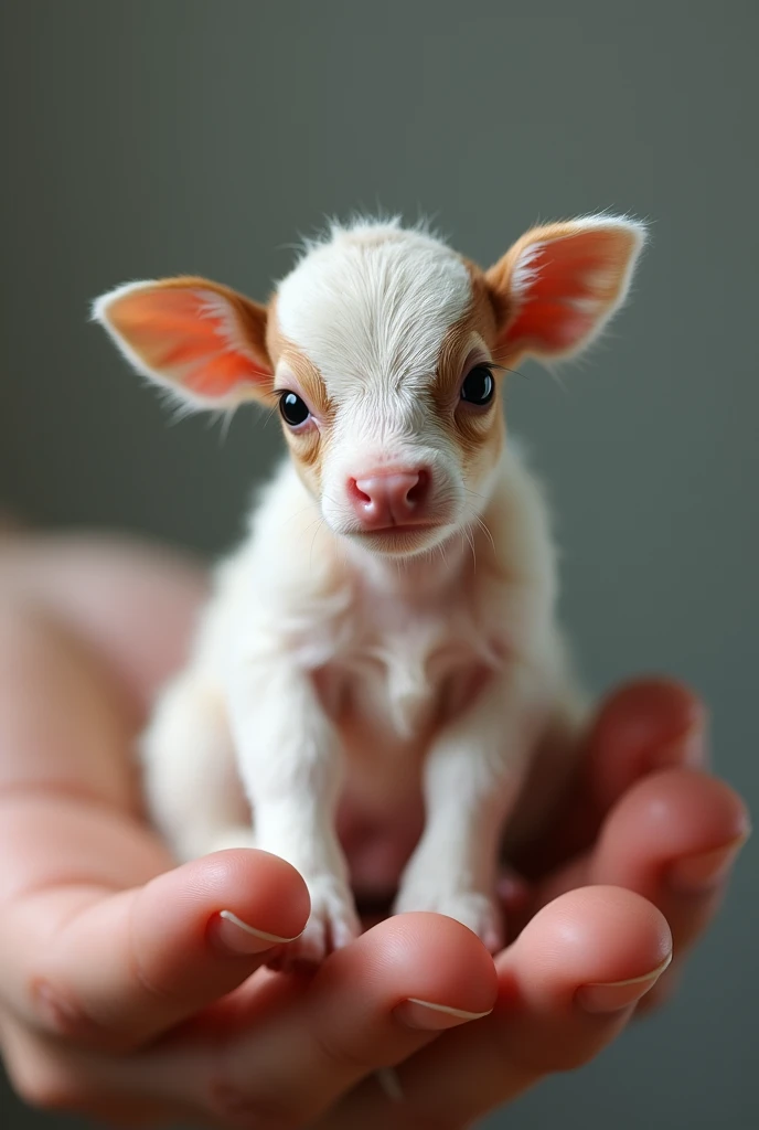 There is a small dairy calf sitting in a person's hand, a tiny dairy calf, a tiny animal, sitting on a finger, cute and cute, cute and cute, cute kitty, cute dairy calf, the photo is very realistic, Very small, nice cow shape, just a neat little thing, cute little nose, beautiful and cute, beautiful creature, pretty cute, very detailed photo