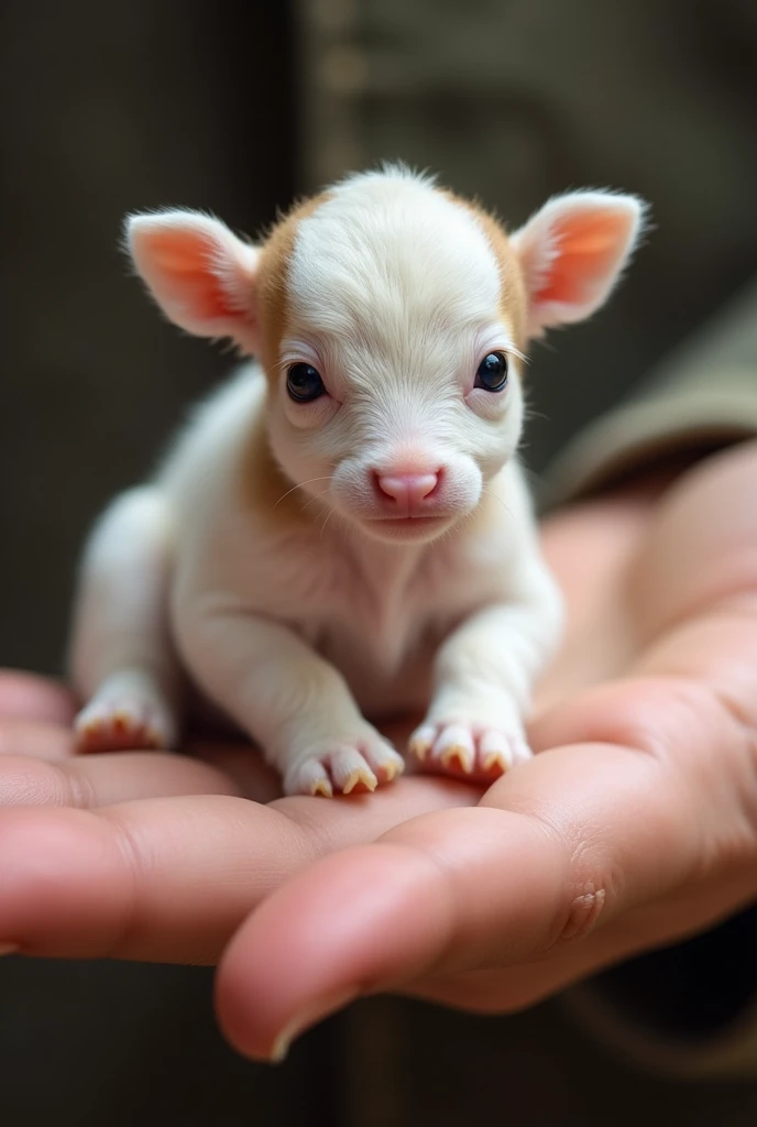 There is a small dairy calf sitting in a person's hand, a tiny dairy calf, a tiny animal, sitting on a finger, cute and cute, cute and cute, cute kitty, cute dairy calf, the photo is very realistic,  Very small, nice cow shape, just a neat little thing, cute little nose, beautiful and cute, beautiful creature, pretty cute, very detailed photo