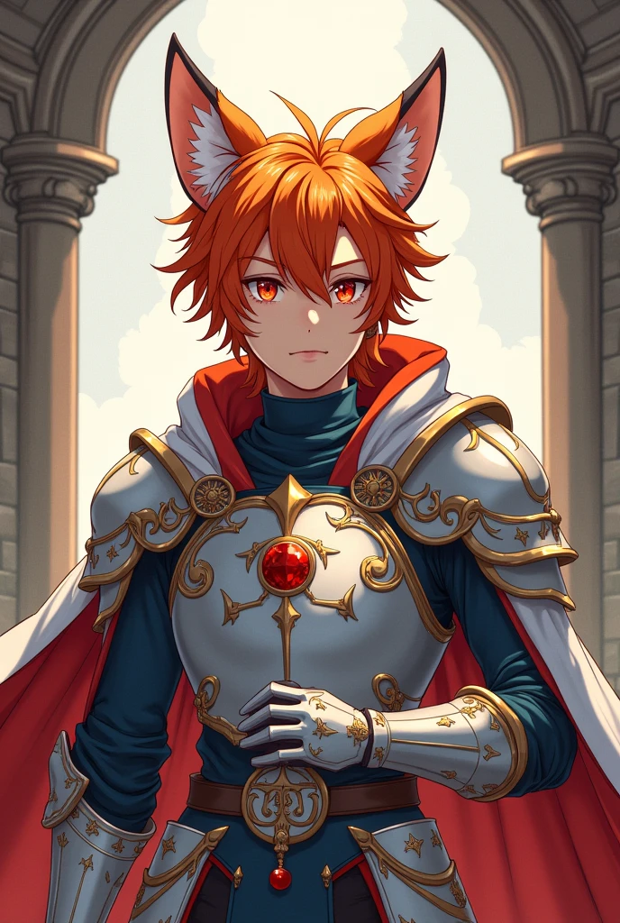 Generate a traditional drawing of a orange haired demihuman male fox knight with red and blue eyes.(Anime style)