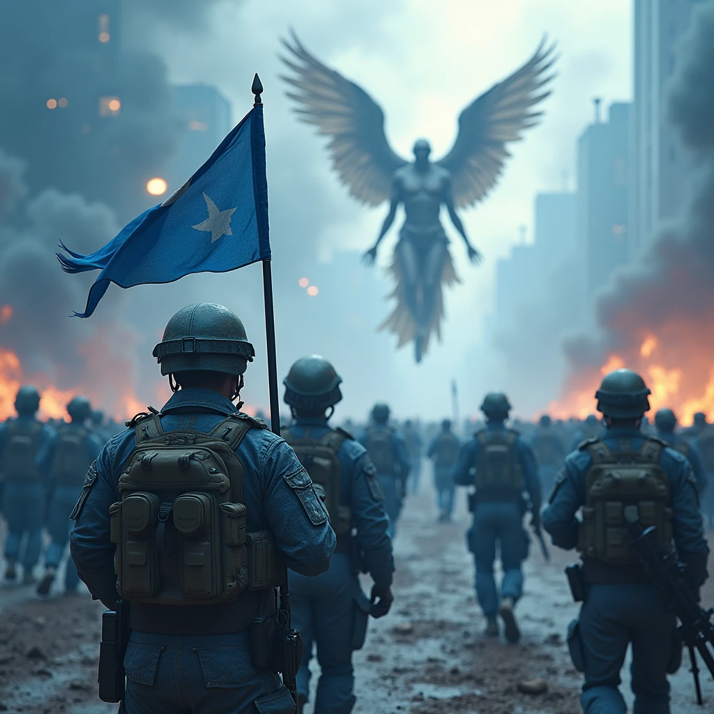 The back view of the brave defenders marching against the ugly and cruel demonic army, An angel flies and chases the soldiers of the National Defense Forces , National flag , Blue and white, Modern army, Tactical equipment, Art shows the triumph of good over evil, Doomsday Battlefield , masterpiece, Award-winning works, dramatic, Highest quality, 4K, Wide Image, High resolution