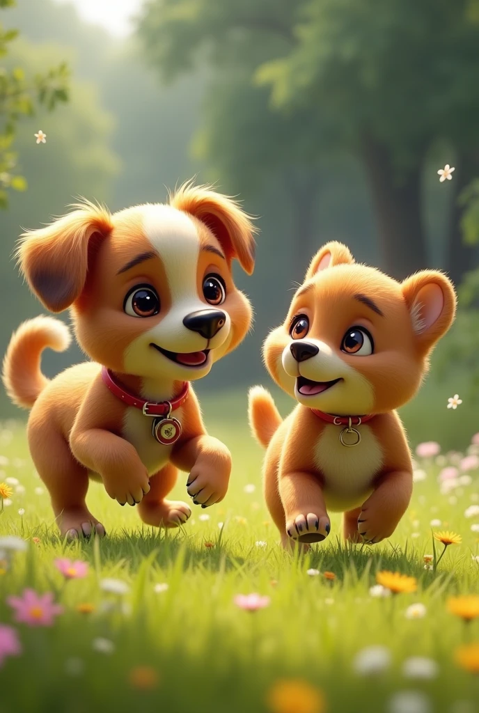 Max, Bella, and the cub play together in a grassy clearing. Max playfully nudges the cub, Bella wags her tail, and the cub looks joyful as they all run around.