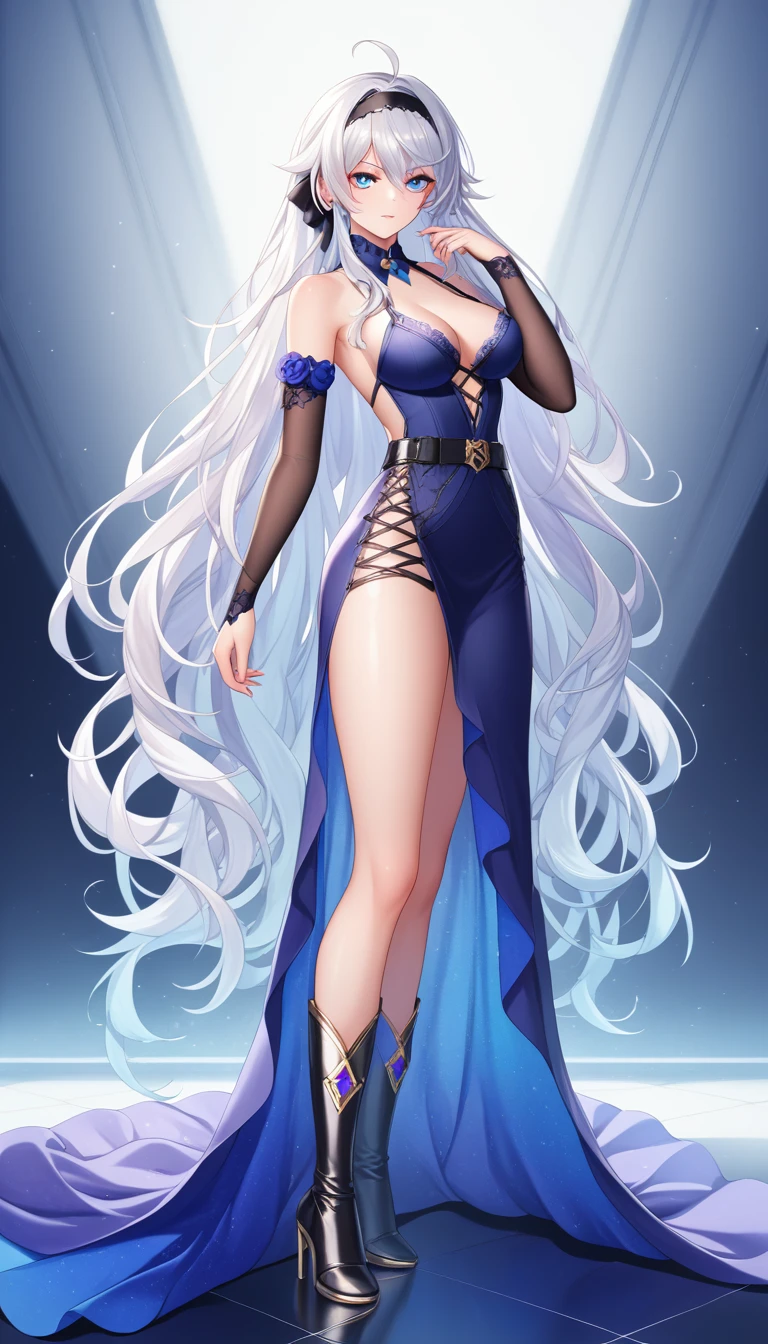 1girl, solo, looking at viewer, full body, kiana kaslana (herrscher of finality), white hair, very long hair, ahoge, blue eyes, hairband, eyeliner, serious gaze, solid eyes, sharp eyes, symbol-shaped pupils, emotionless, glossy lips, blush, shiny skin, ((flowing high-low dress:1.5), (dark and vibrant gradient:1.6), (sheer lace neckline:1.4), (asymmetrical layered sleeves:1.5), (floral embellishments:1.3), (black belt with bow:1.4), (intricate patterns:1.5), (high boots with lace:1.4), (elegant and mysterious:1.5)), white background, simple background, blurry background, CG:1.9, ultra detailed:1.9, ultra-detailed:1.9, high resolution:1.9, high res:1.9, absurdres:1.9, masterpiece:2, high quality:2, best quality:2, (ultra-detailed), (illustration), (disheveled hair), (beautiful detailed eyes), beautiful, amazing, detailed eyes, (masterpiece), best quality, ((ultra-detailed)), ((an extremely detailed and delicate)), (8k cg wallpaper), (stunning art), ((illustration))