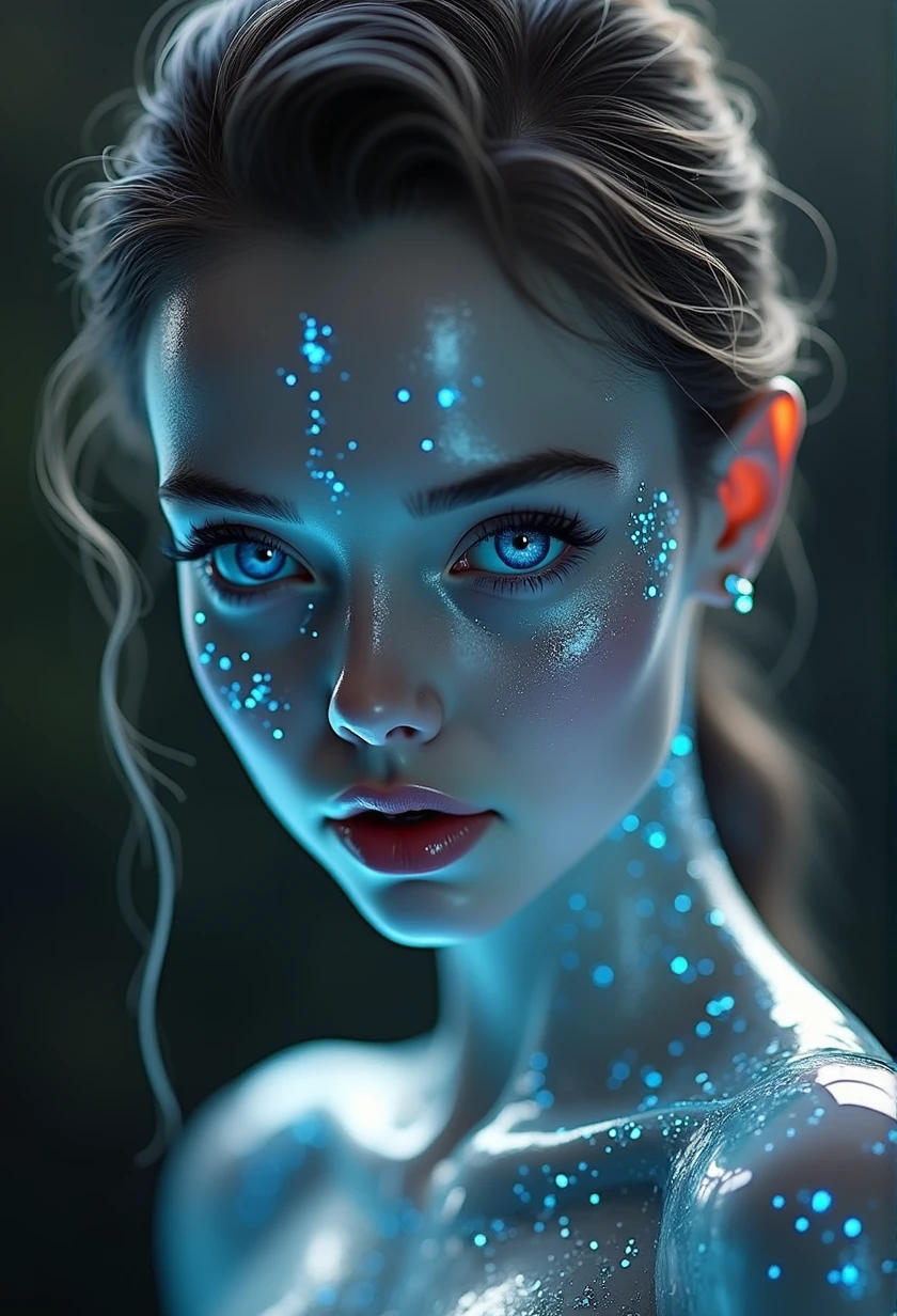 ((Waist shot)), craft a hyper realistic vertical photo of most attractive transparent crystal glass girl with neon light, body made out of glass, intricate beauty, bioluminescence, blue veins, detailed eyes, sparkling, reflections, (translucent), elegant, simple background, dim light, volumetric lighting, hyper realistic, blurry foreground, blurry background, (bloodborne:1.1),