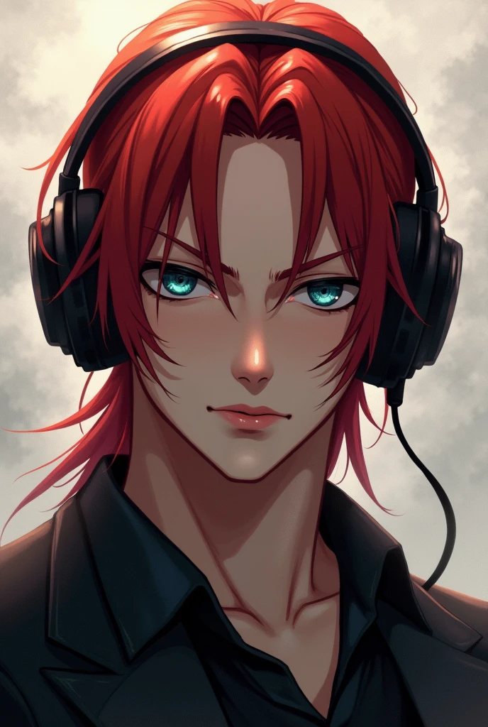 A red-haired man with medium-long, tied hair, blue eyes and marked features with black headphones as an accessory, an anime type