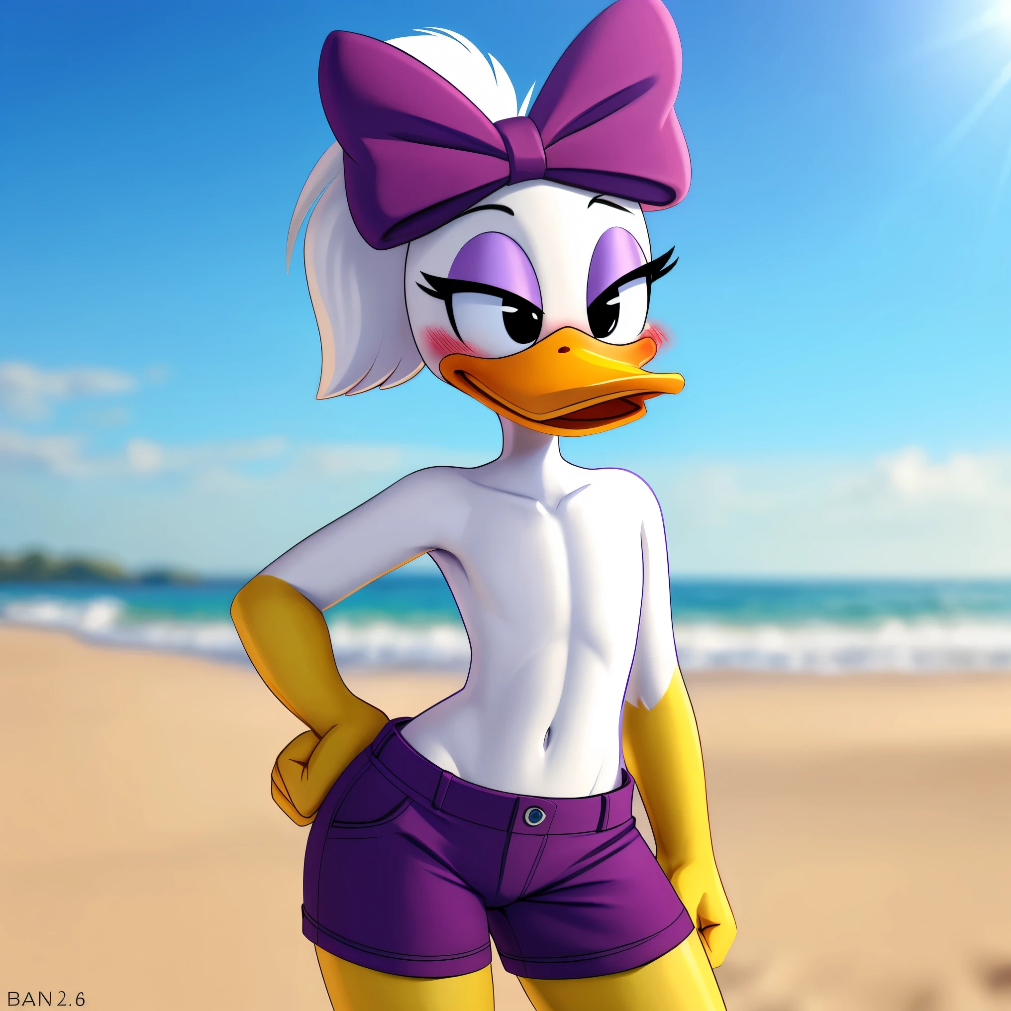 uploaded on e621, portrait of Daisy Duck ((sexy)), (adult) (purple bow on head), (white ponytail), (full body 1.6) ((flat round chested 1.6)), (blush), mouth closed, ((purple shorts)), (female duck), (eyes closed), (happy) (long skinny torso 2.0), (fists on hip), (yellow legs), (avian), BREAK. (8k hd), (detailed lighting), ((detailed white skin)), ((posing at beach)), [backlighting], [detailed ambient light], ((depth of field)), (suggestive content), ((best quality)), (((masterpiece))), BREAK