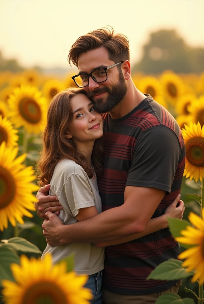 Generates an image of a age girl with shoulder-length wavy light brown hair with big light brown eyes being hugged and watched by her big-bodied dad with uncombed, dark brown hair wearing square glasses with a shaved beard and a black and red thick vertical striped t-shirt in a field of sunflowers