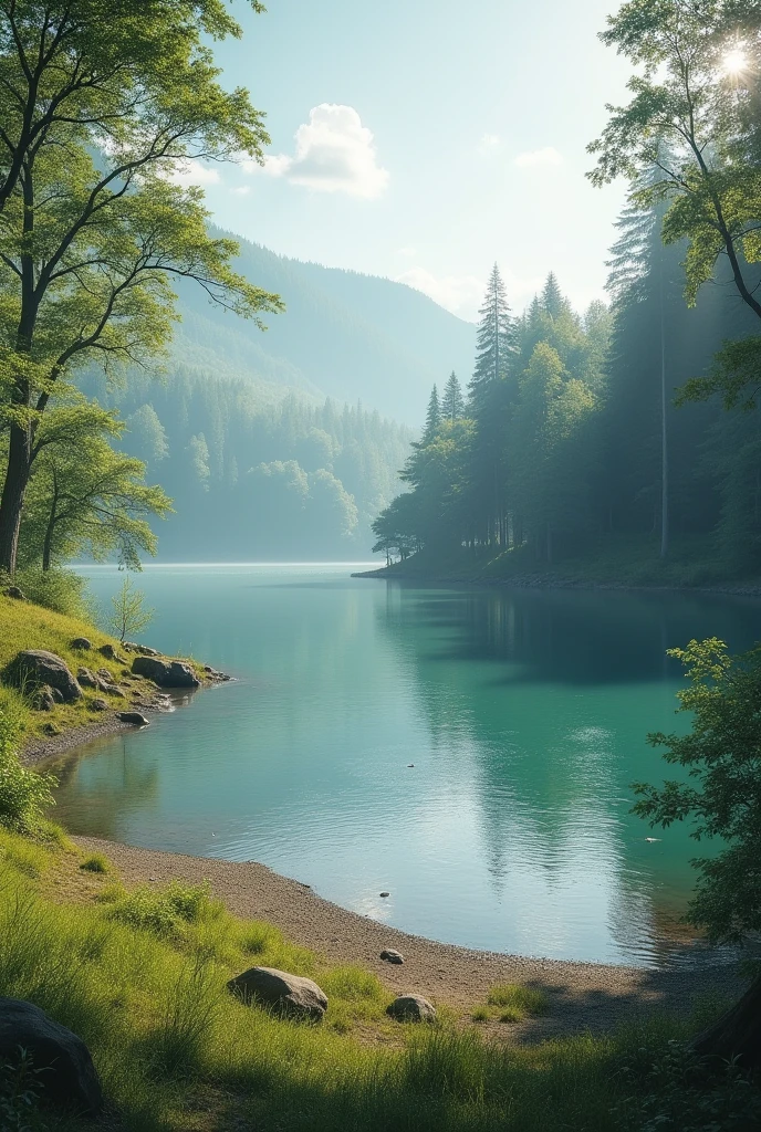 Lakeside bathed in soft sunlight、I can see the forest on the other side of the lake、A quiet and deserted lake、In an open area、The lake is inspired by the home of Lancelot from Arthurian legend.、A lake that feels almost mystical、There are no trees in front、The lake shore is made of soft grass and soil.、The foreground is open、There is nothing blocking the view in the foreground、The lake has a wintery feel to it.、It's not winter, so there is no snow.、Realistic drawings made with paint、Large Lake、A slightly dark scene reminiscent of early morning、A slightly distorted circular lake、