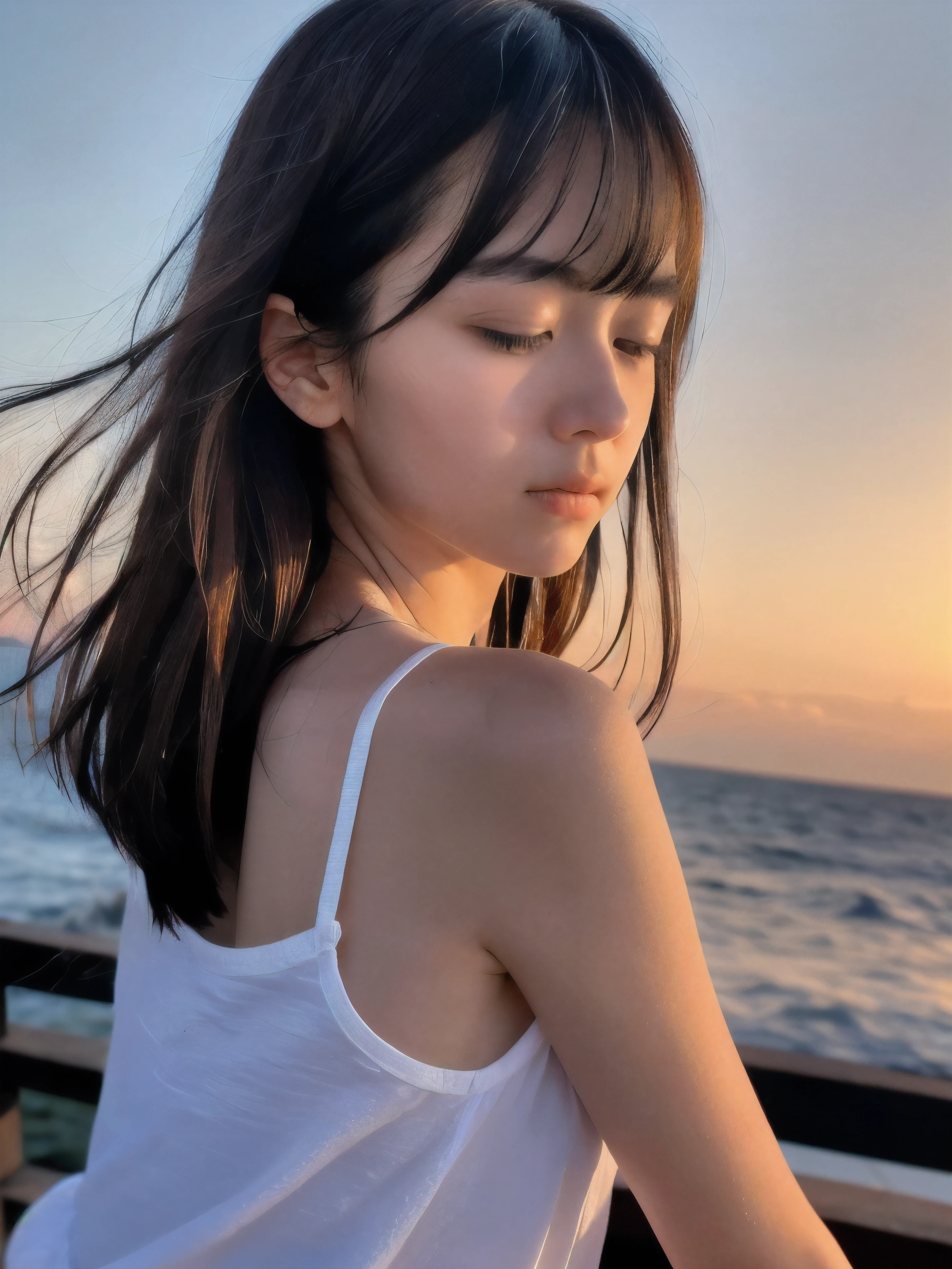 (Close up face shot of slender small-breasted dark silver long hair with swept bangs girl wearing a white T-shirt only:1.5)、(One girl is looking back and close her eyes with tears on the coast in Japan:1.5)、(Beautiful after sunset red sky with big red cloud:1.5)、(blurred background:1.5)、(Natural light:1.5)、(8k ultra detailed master piece:1.5)、(perfect anatomy:1.5)、(Photorealistic stick:1.5)、(Raw photo:1.3)、(highest quality:1.5)、(High resolution:1.3)、(Delicate and beautiful perfect face:1.3)、(Delicate and beautiful eye air skin:1.3)、(Real Human Skin:1.3)、((thin legs))