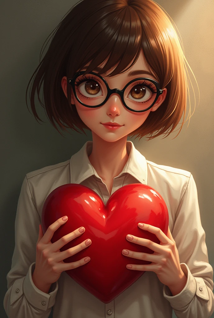(photorealism:1.2) Girl with short hair,chestnut, glasses, pulling out his heart ?????????????, showing that in this way he is giving his love