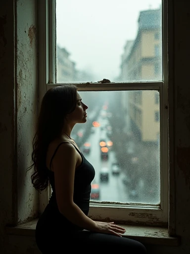 (Masterpiece. Uhd. Photorealistic). Portrait of stunning European woman. Age 23. Inside an old appartement. she’s Looking out a dirty old window. Woman with slightly generous curves. 100DD breast size. CLEAVAGE.
Down below the cars in the city go rushing by
She sit here alone, and she wonder why.