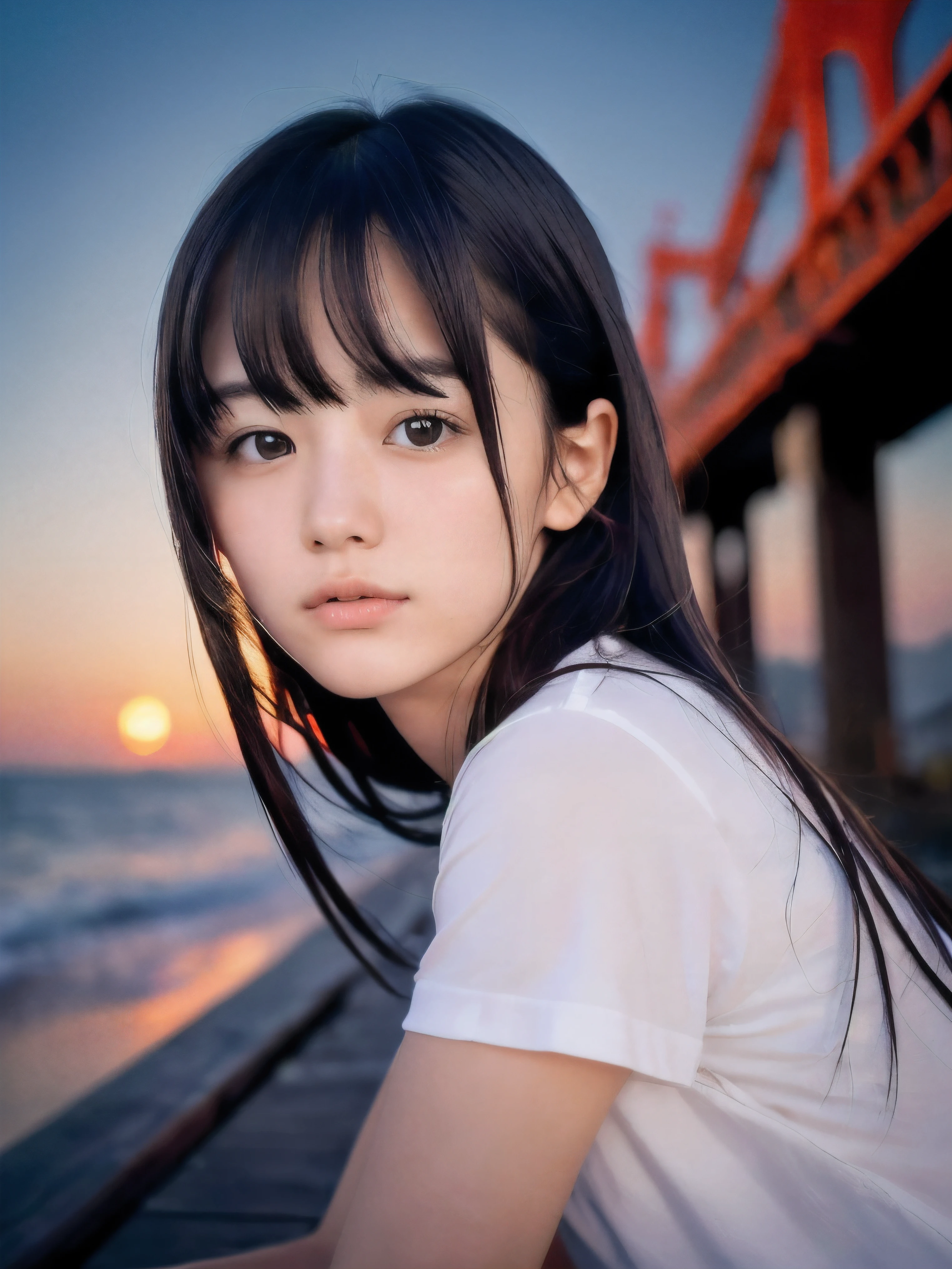 (Close up face shot of slender small-breasted dark silver long hair with swept bangs girl wearing a white T-shirt only:1.5)、(One girl is looking back and close her eyes with tears on the coast in Japan:1.5)、(Beautiful after sunset red sky with big red cloud:1.5)、(blurred background:1.5)、(Natural light:1.5)、(8k ultra detailed master piece:1.5)、(perfect anatomy:1.5)、(Photorealistic stick:1.5)、(Raw photo:1.3)、(highest quality:1.5)、(High resolution:1.3)、(Delicate and beautiful perfect face:1.3)、(Delicate and beautiful eye air skin:1.3)、(Real Human Skin:1.3)、((thin legs))