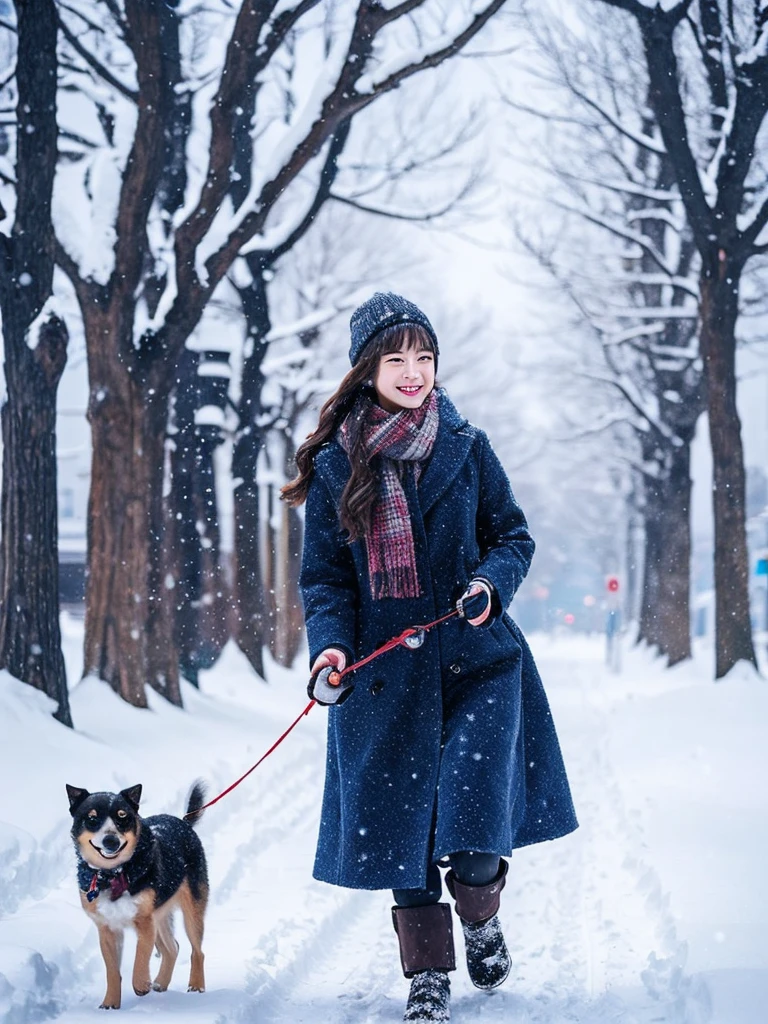 Highest quality　masterpiece　A very cute girl smiles and walks her dog in the snow　Photo style　Real　Fantasy