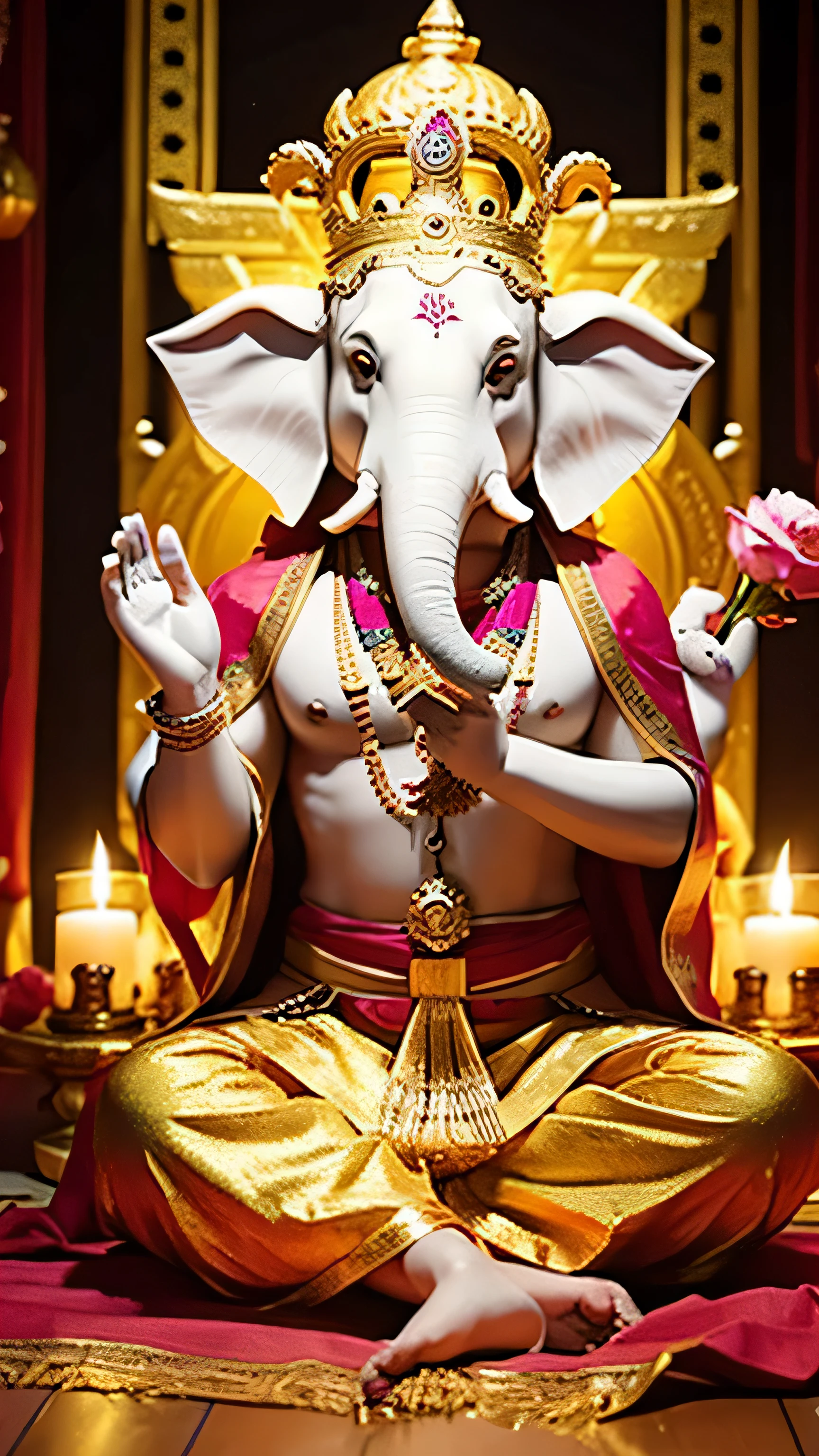 **Prompt:** Create an ultra-realistic depiction of Ganesha, the revered Hindu deity known for his elephant head and large, graceful form. **Appearance:** Ganesha is depicted seated in a majestic, serene pose, with a calm and benevolent expression. His elephant head is adorned with intricate, golden ornaments, including a crown and earrings. His large ears are slightly flared, symbolizing his ability to listen to the prayers of his devotees. **Attire:** He is dressed in richly colored garments, featuring a golden dhoti and a red shawl draped elegantly over his shoulder. His attire is decorated with fine embroidery and precious jewels. **Arms and Objects:** Ganesha is portrayed with four arms, each holding symbolic items: a lotus flower, a battle axe, a bowl of sweets (modak), and a blessing gesture (abhaya mudra). **Background:** The setting is a beautifully ornate temple with detailed carvings and golden accents. The atmosphere is filled with a divine, warm light, illuminating Ganesha's figure, while traditional Indian lamps and offerings are placed reverently at his feet. The overall scene exudes a sense of peace, prosperity, and divine grace.