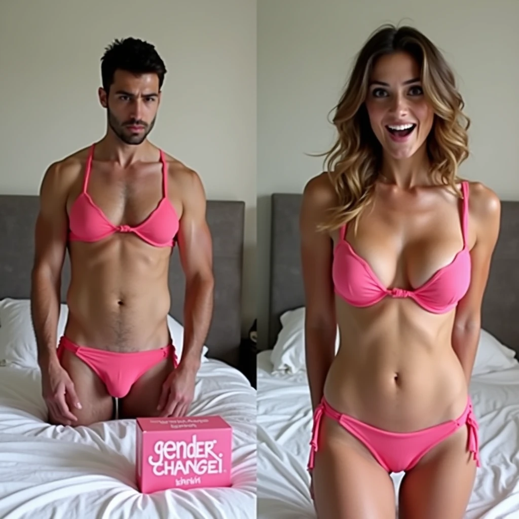 a before and after photo. In the before frame, a man is trying on a pink bikini top and bottom in his bedroom. He has a skeptical look on his face. On his bed is the box that it came in which reads “gender change bikini”. In the after frame, in the same bedroom with the same box, he has transformed into a sexy busty woman with colossal breasts. She is smiling euphorically and looks shocked as well.