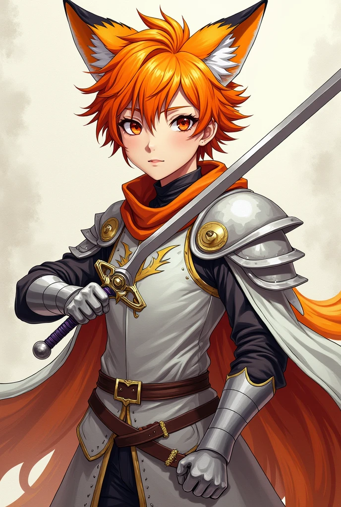 Generate a paper drawing of a orange haired demihuman male fox knight with red and blue eyes.(Anime style)