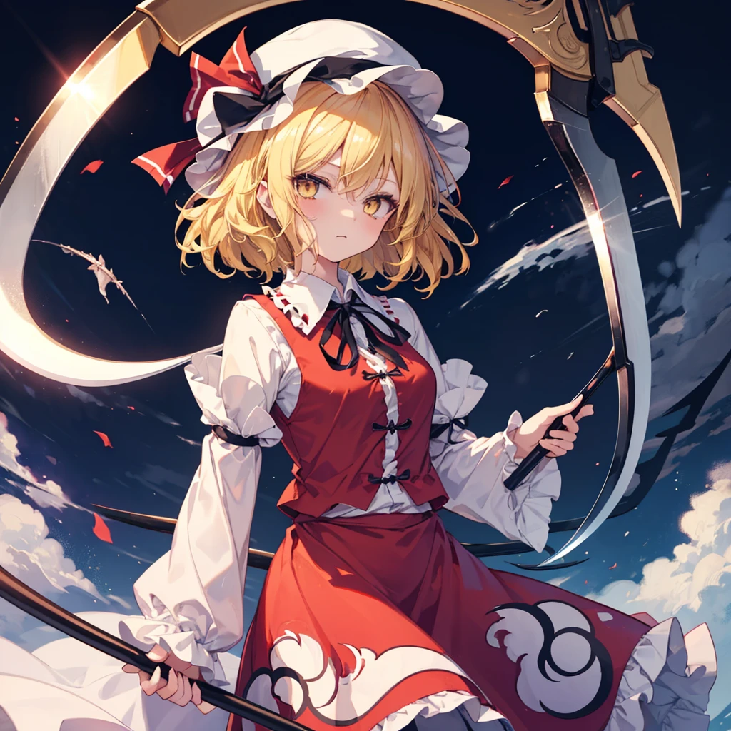 1girl, {{{{elly (touhou)}}}}, yellow eyes, blonde hair, curly hair, white headwear, hat ribbon, red dress, long dress, long sleeves, scythe, holding scythe,