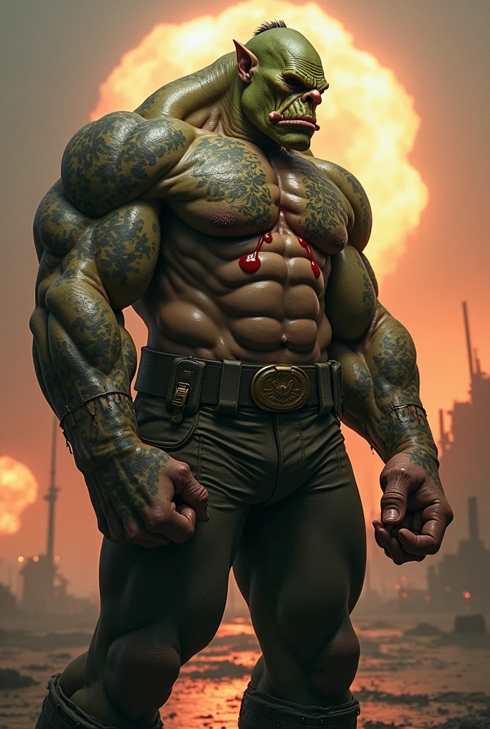 Jorgen Von Strangle in full body, NSFW GAY, male, muscular, big muscles, long muscles, lactation, breast milk lactation, male lactating breast milk, naked military orc, leaning side view to the right, long chest, giant chest, long nipples , giant nipples, tight military suit, big ass, long ass, red anus, giant anus, tattooed, testicles large, full military suit, tight, large testicles, big penis, long penis, large anus, exposed anus, red anus, tilted body, middle rear view, nuclear war background, anus exposed.