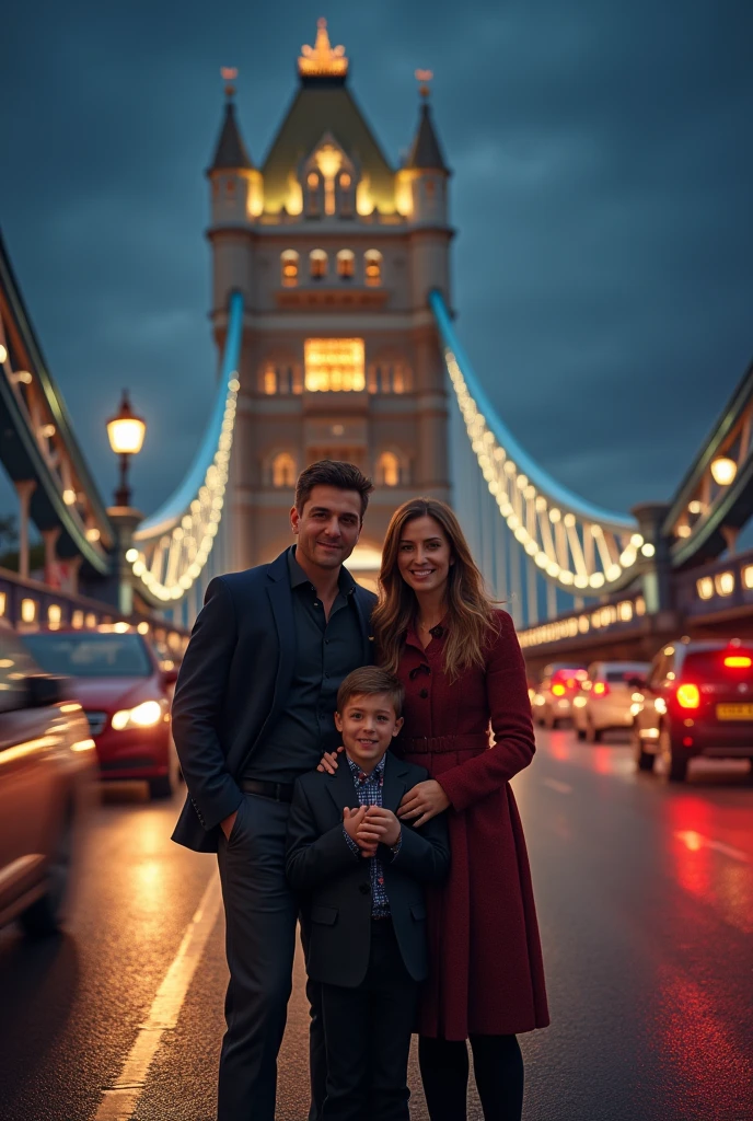 A  beautiful family stand front of  the famous London bridge at night cars moving around art illusion 