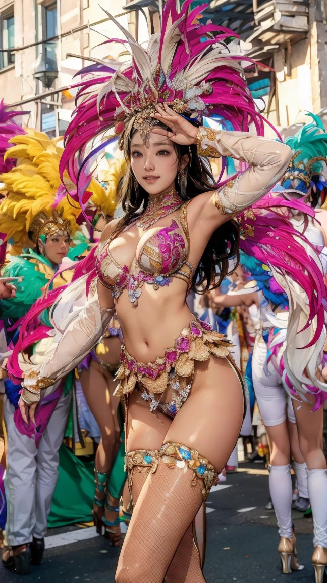 Highest quality, Official Art, masterpiece, Fabric Shading, High resolution, Very detailed, colorful, Best details, High leg samba micro costume:1.5, micro bra:1.9, 1 female, Age 25, Brown Hair, Medium Hair,Big Ass:1.9, {{{{{Dancing vigorously in the parade:1.9}}}}}, A bustling boulevard, sunny, skinny, {{Surrounded by a bunch of male photographers:1.9}}, She is being photographed by many male photographers.:1.7, A blizzard is falling, Blessed, welcome:1.5, Camel Toe:1.9, Ground level shot:1.9,wearing samba dance dress, carnival